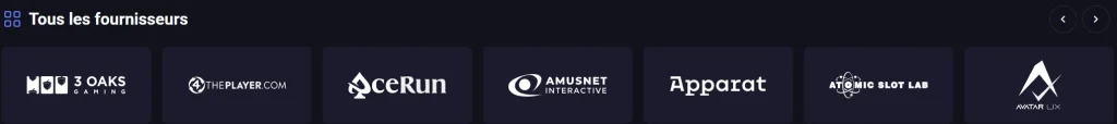 SpinAura Casino section fournisseurs avec logos 3 Oaks Gaming, Amusnet, Apparat et AvatarUX