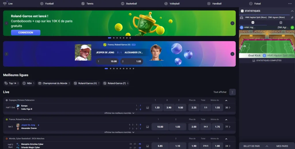 SpinAura Casino section paris sportifs avec matchs en direct, statistiques et cotes en temps réel