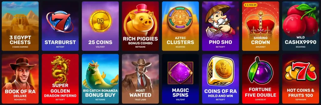 SpinAura Casino sélection de machines à sous avec Starburst, Book of Ra Deluxe et Big Catch Bonanza