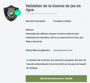 SpinAura Casino validation de licence de jeu en ligne avec Tronabriz Limited