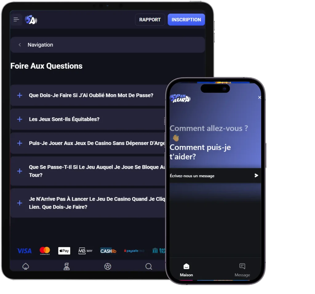 SpinAura Casino version mobile avec FAQ, chat en direct et méthodes de paiement